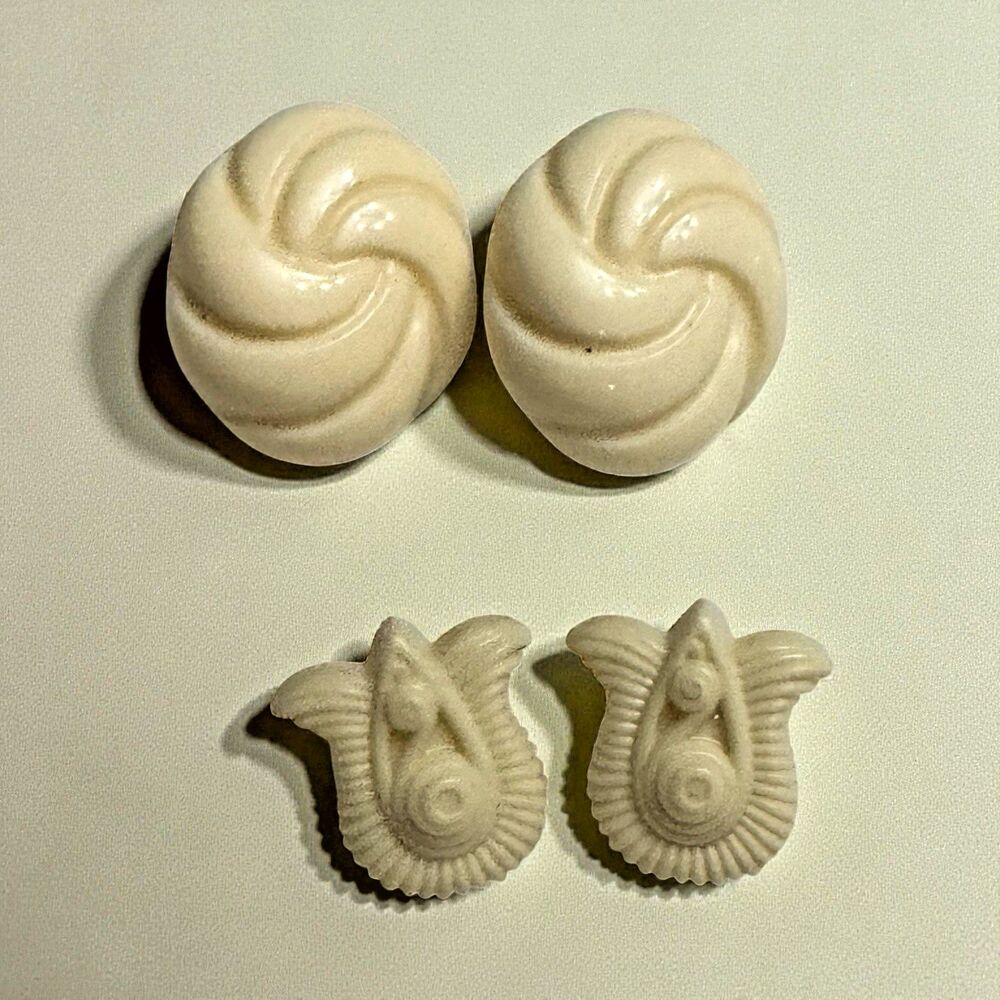 Vintage Celluloid Earrings Ivory White Studs and Clip Ons Set